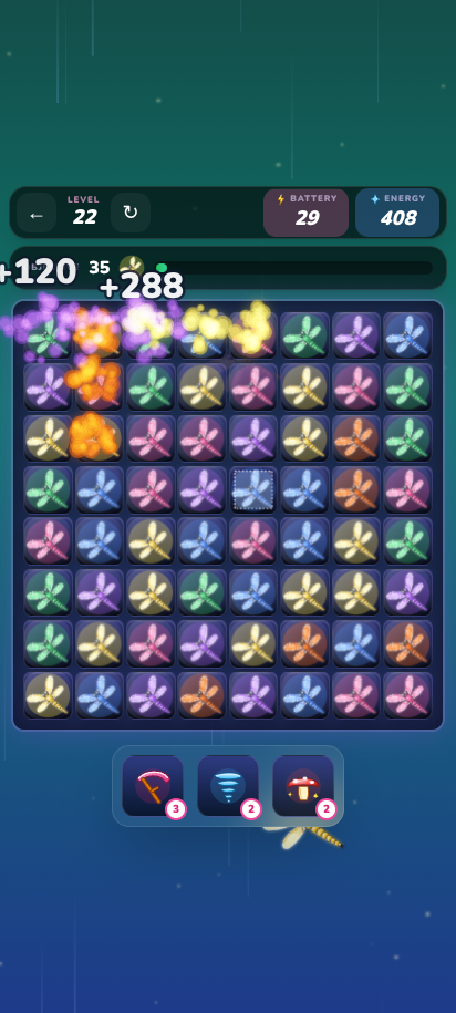 A cascade detonating mid-play with score popups
