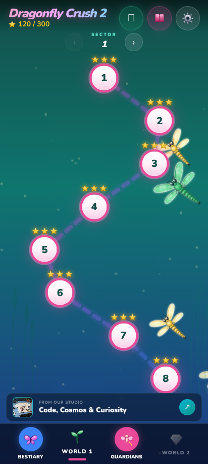 The garden world map in morning colors with a starred level path