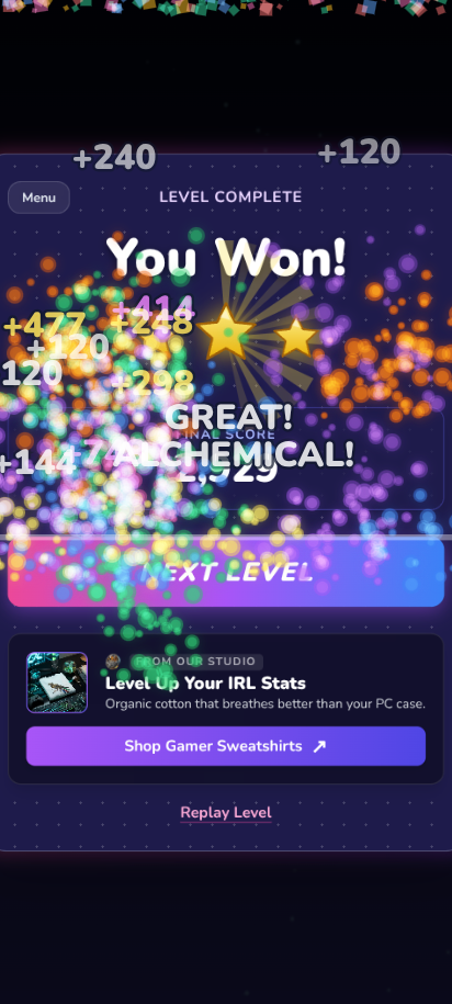 The Level Complete screen with three stars and confetti